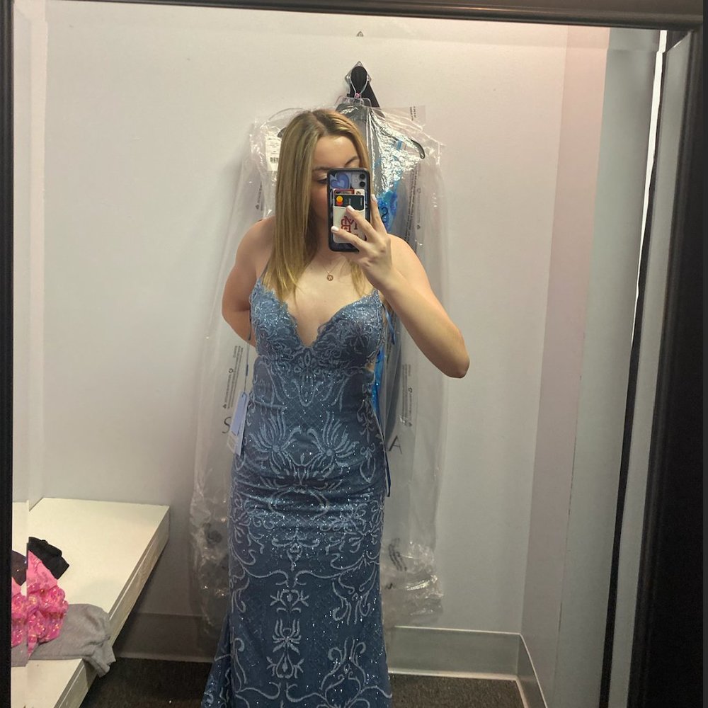 Brand New Andrea and Leo Blue Sparkly Prom Dress